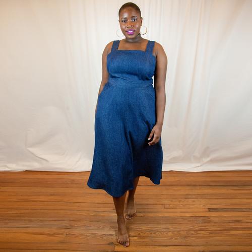 denim dress, pinafore dress, sustainable denim dress, sustainable plus size dress