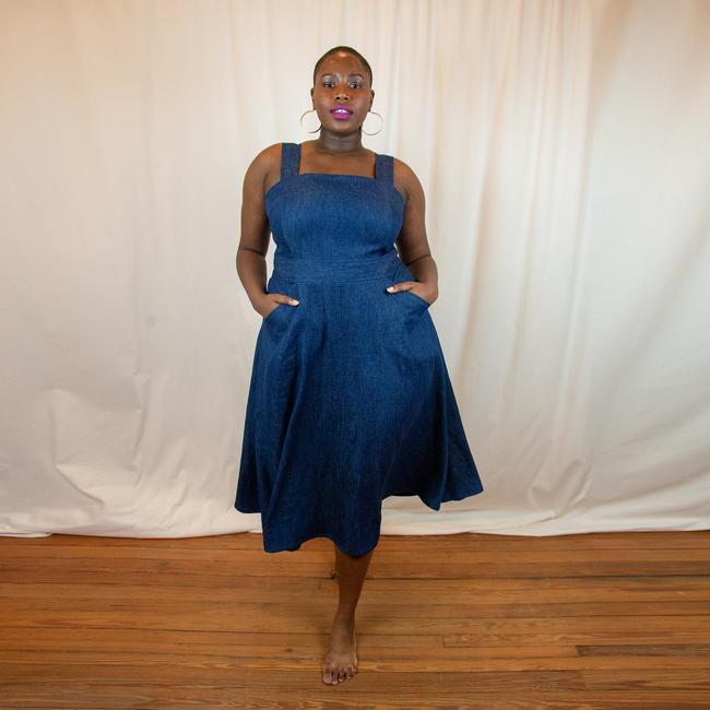 denim dress, pinafore dress, sustainable denim dress, sustainable plus size dress